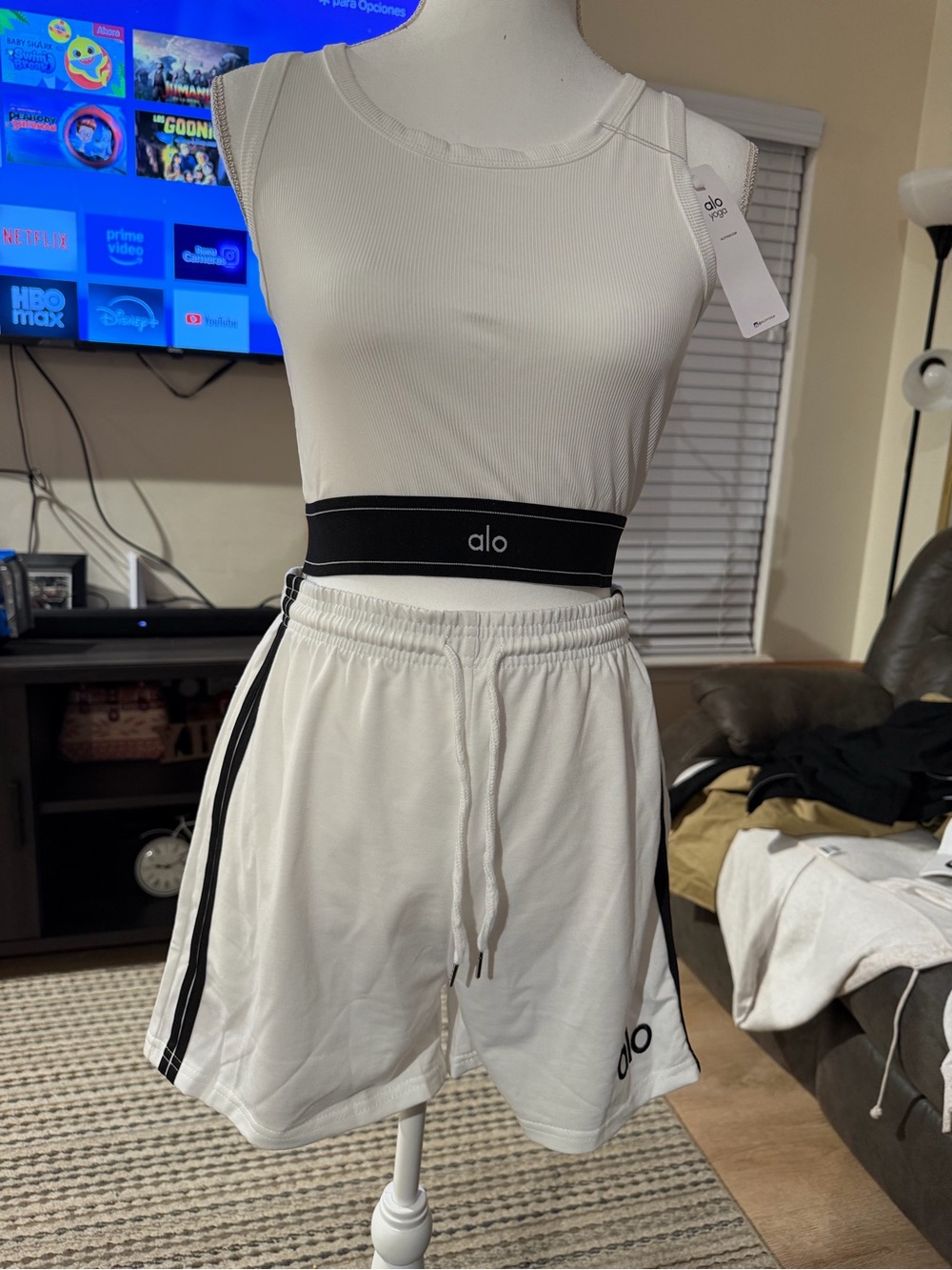 Crop top and White Athletic Drawstring Shorts with Black Side Stripes